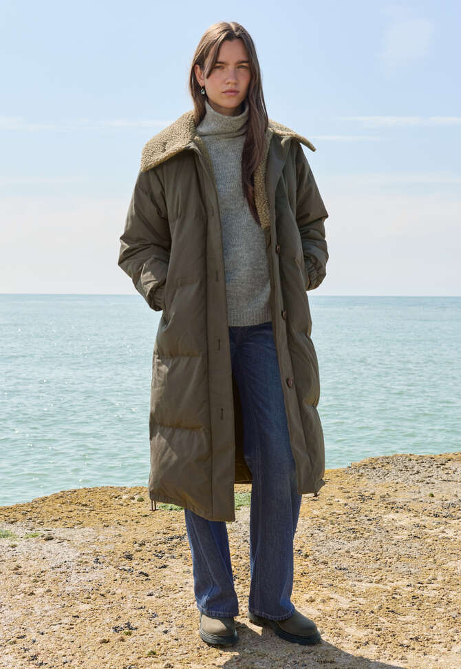 Quilted long coat, Dark khaki, completeTheLook