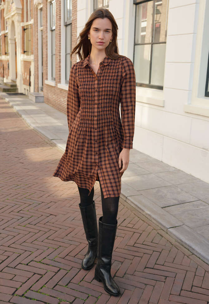 Shirred check dress, Brown spice, completeTheLook