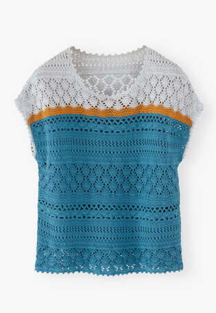 Crochet-stitch sweater, Cerulean ochre, webstill