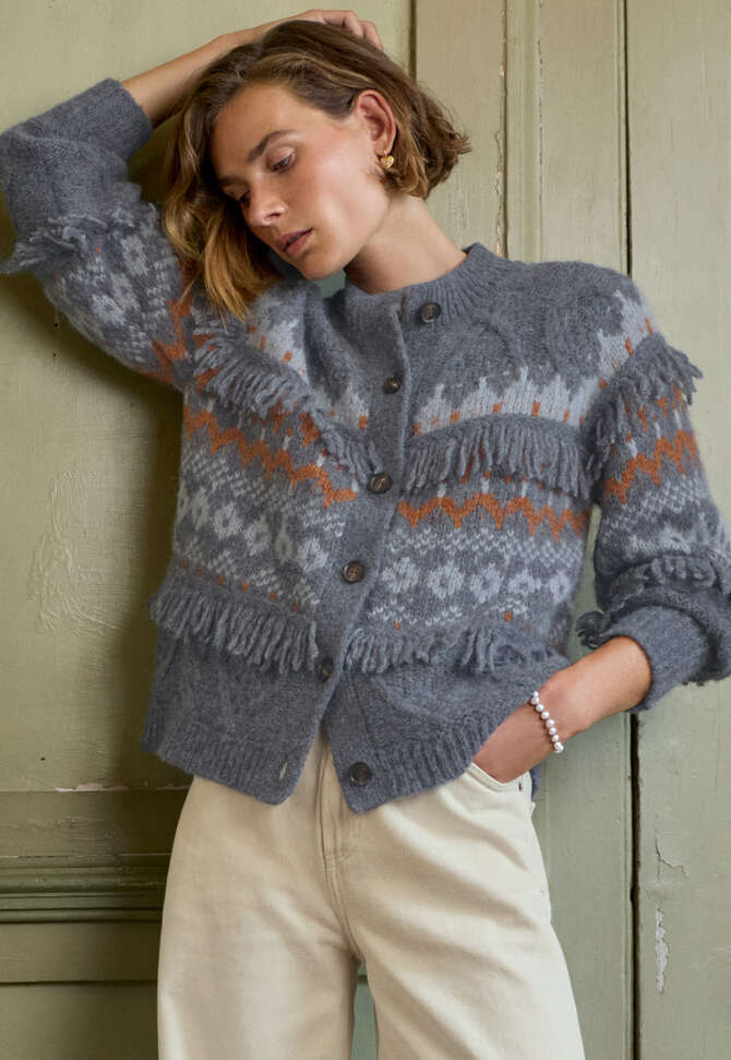 Cable-stitch cardigan, Blue slate copper, completeTheLook
