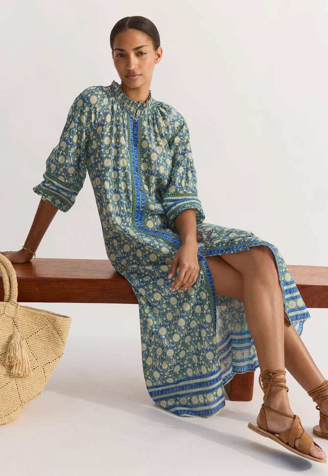 Placement-border printed dress, Dark sage cobalt, completeTheLook