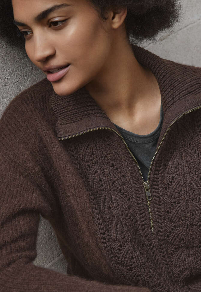 Zip-neck sweater, Dark brown, completeTheLook