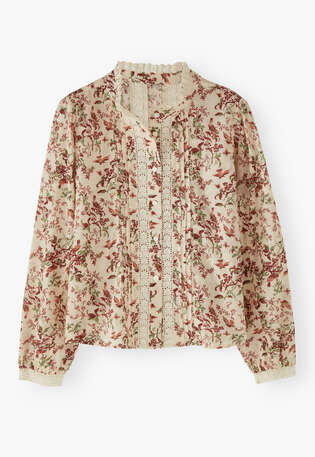 Printed lace detail blouse, Ecru burgundy, webstill