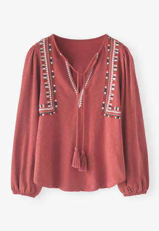 Embroidered tie-neck top, Red currant, webstill