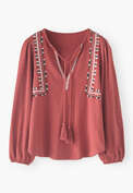 Embroidered tie-neck top, Red currant, webstill