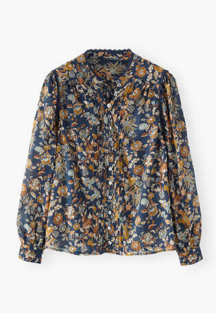 Printed pleat-detail blouse, Indigo ochre, webstill