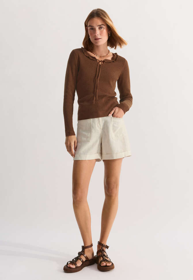 Tie-front tuck-stitch sweater, Russet brown, completeTheLook