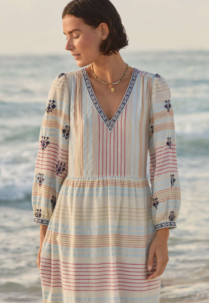 Embroidered striped dress, Off-white magenta, completeTheLook