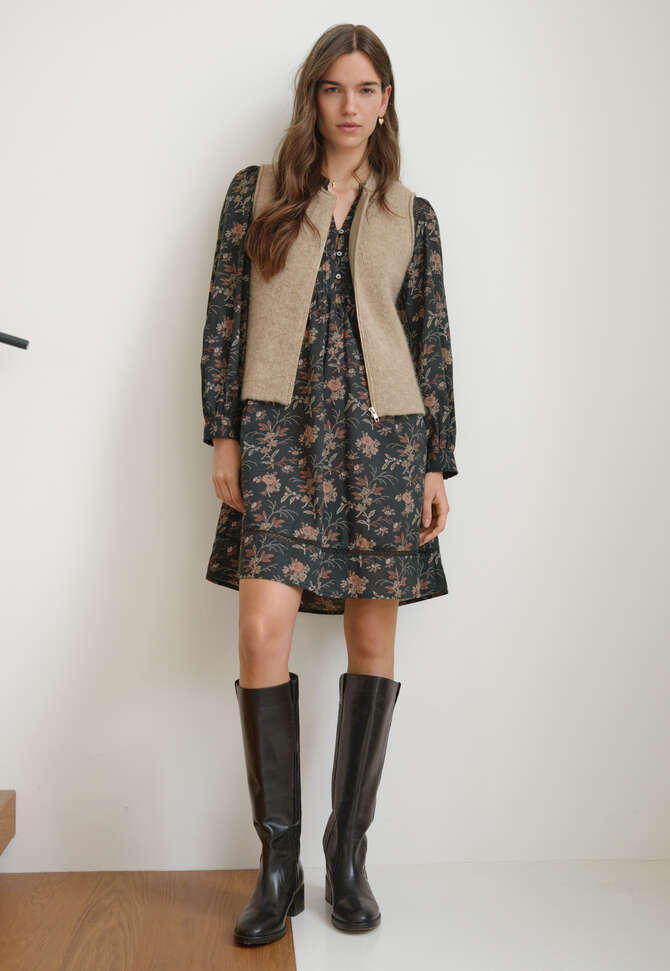 Lace-insert printed dress, Charcoal, completeTheLook