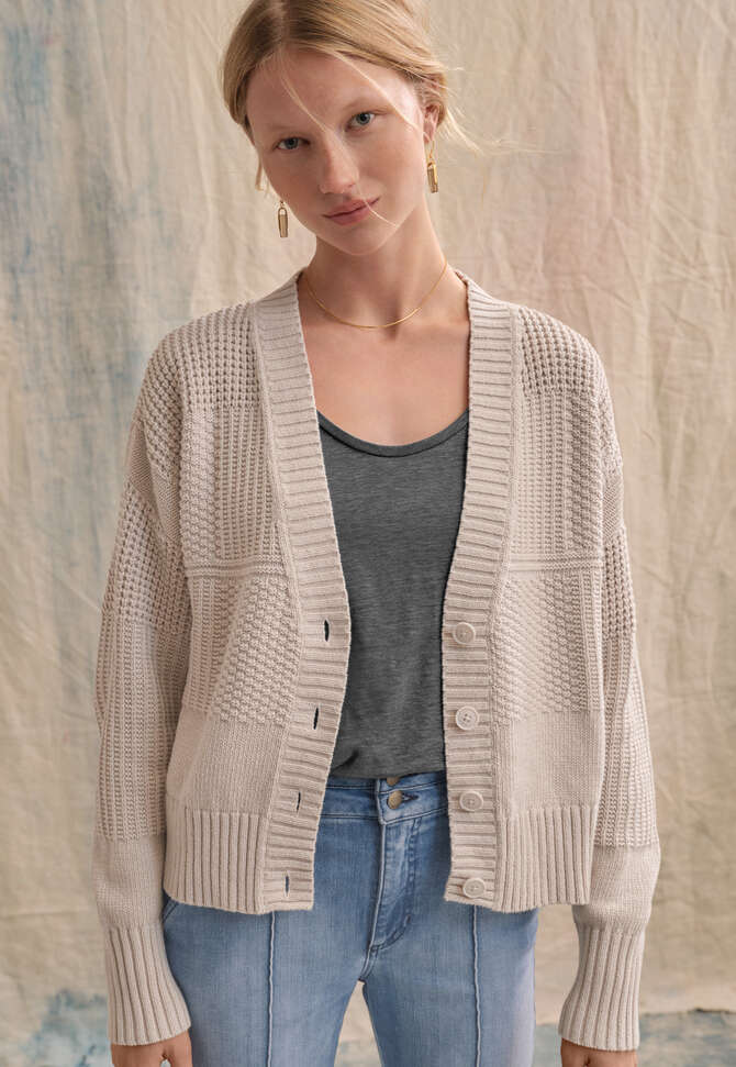 Stitch-mixing cardigan, Dove, completeTheLook