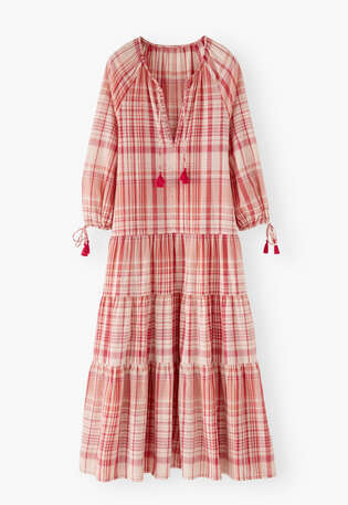 Checked maxi-dress, Crimson coral, webstill