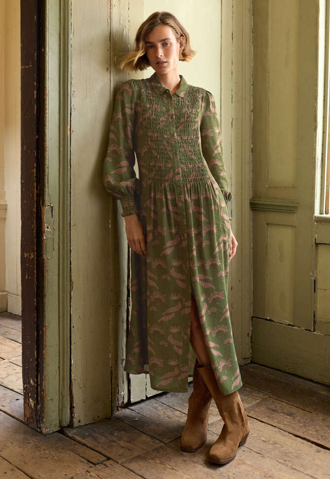 Printed dress, Warm olive, completeTheLook
