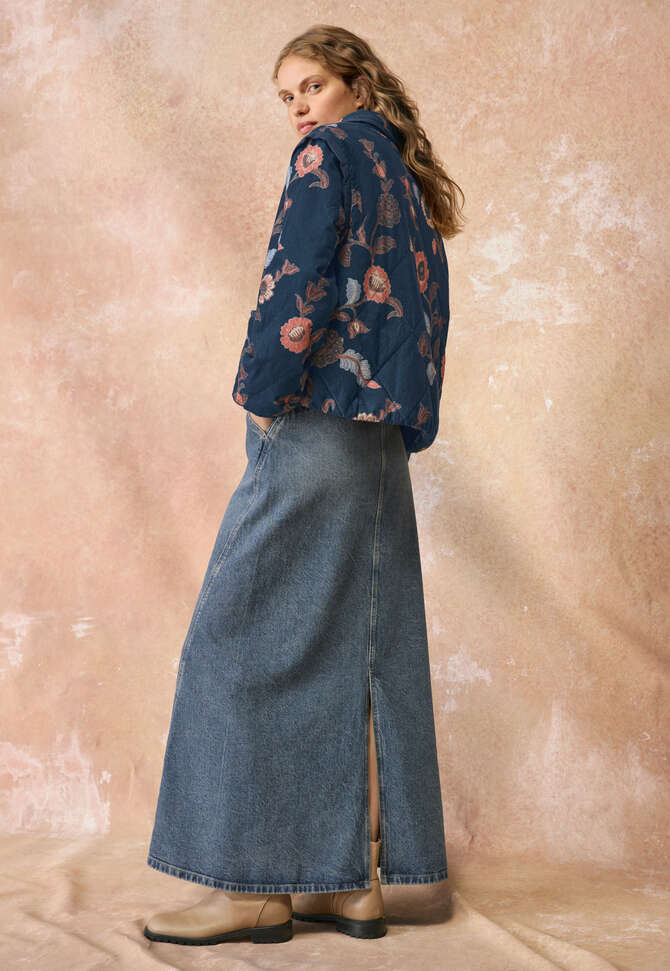 Printed cord puffer jacket, Indigo coral, completeTheLook