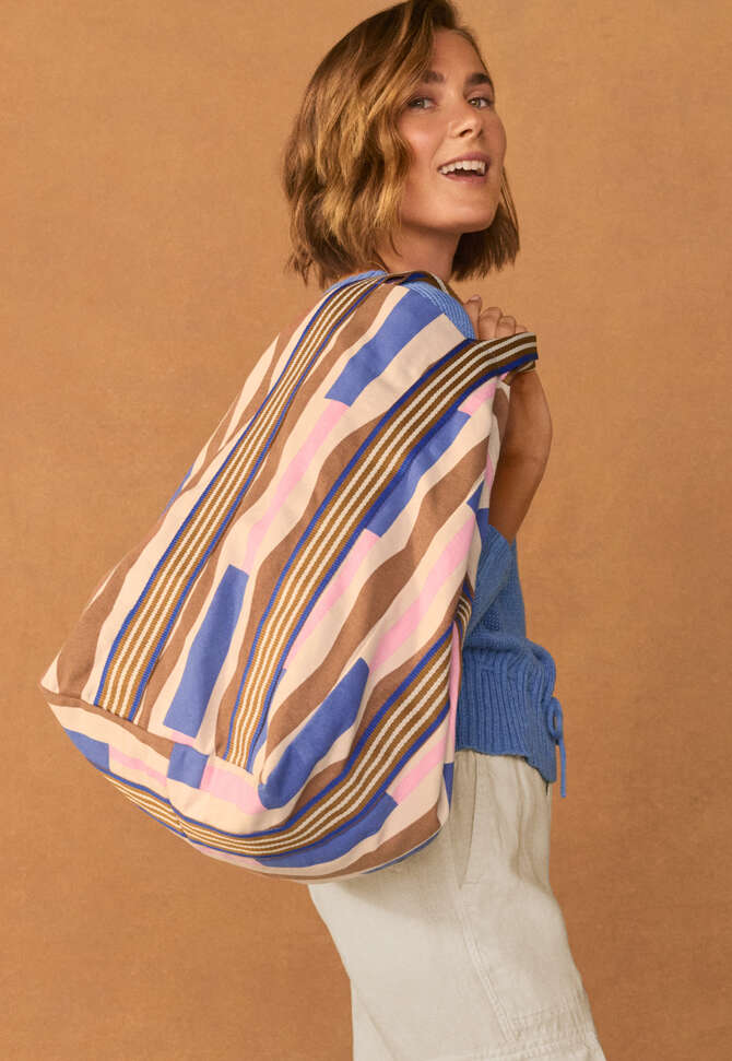 Large striped shopper bag, Tobacco azure, completeTheLook
