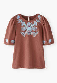 Frill-sleeve jersey top, Berry brown, webstill