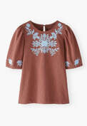Frill-sleeve jersey top, Berry brown, webstill