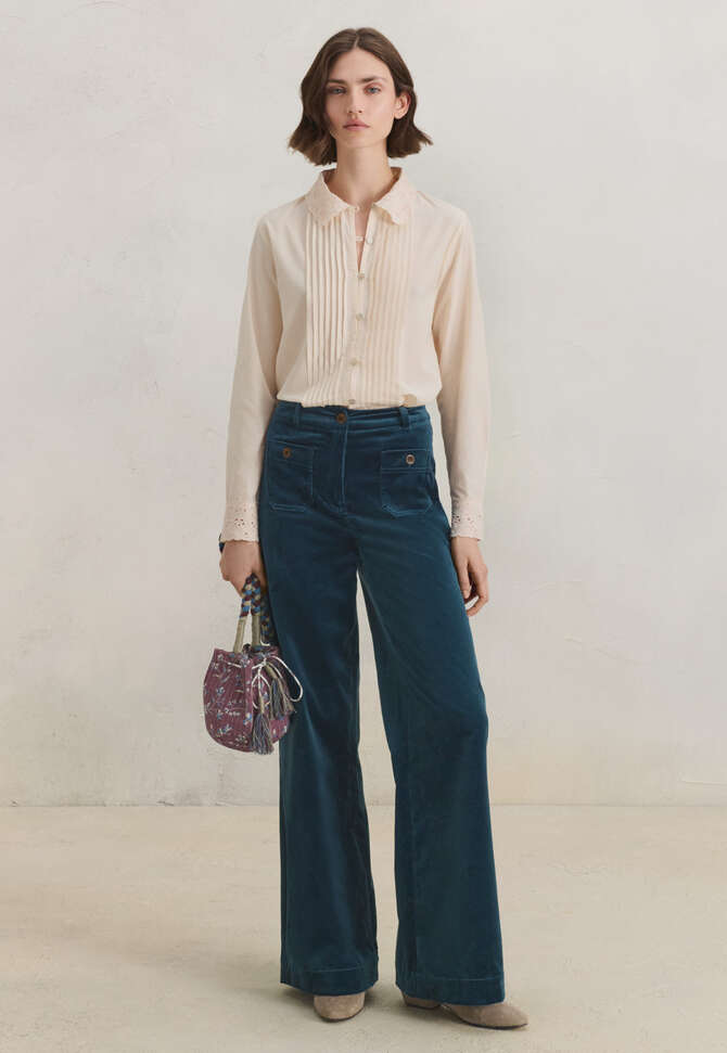 Velvet wide-leg trousers, Dark petrol, completeTheLook