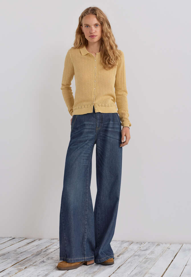 Lace-stitch collared cardigan, Butter yellow, completeTheLook