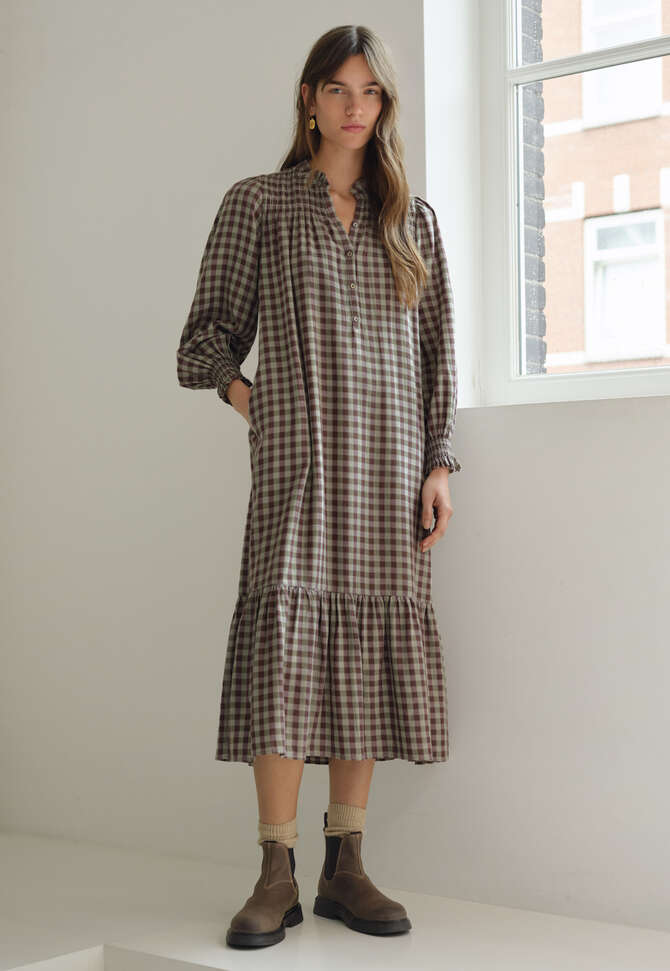 Smocked check dress, Sage plum, completeTheLook