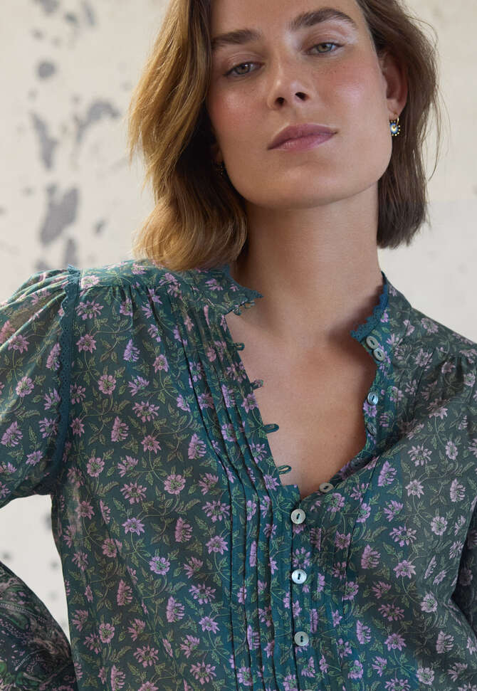 Printed pleat-detail blouse, Petrol lavender, completeTheLook