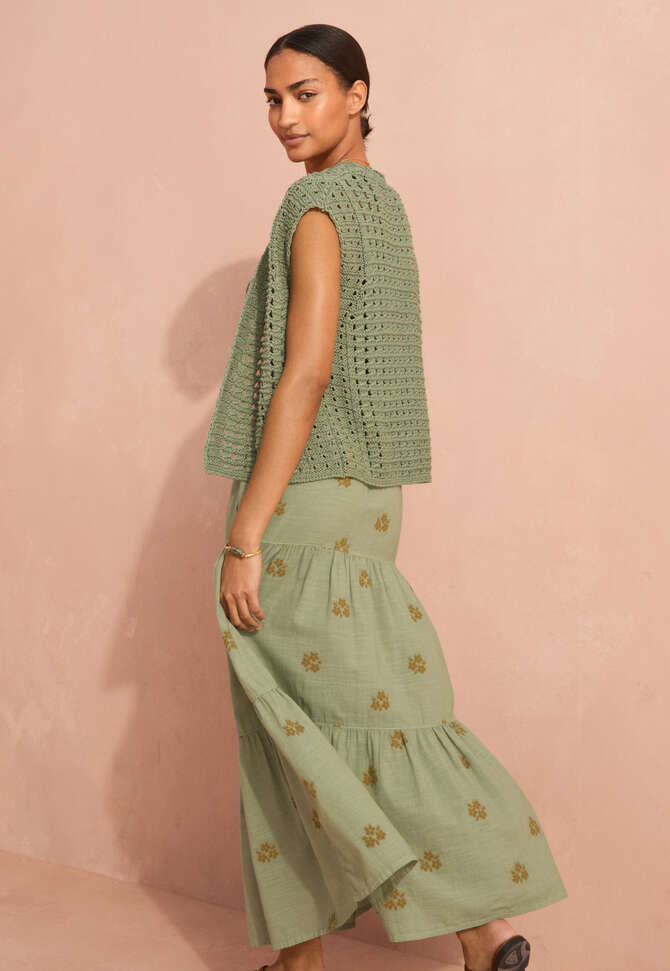 Crochet-stitch waistcoat, Soft sage, completeTheLook