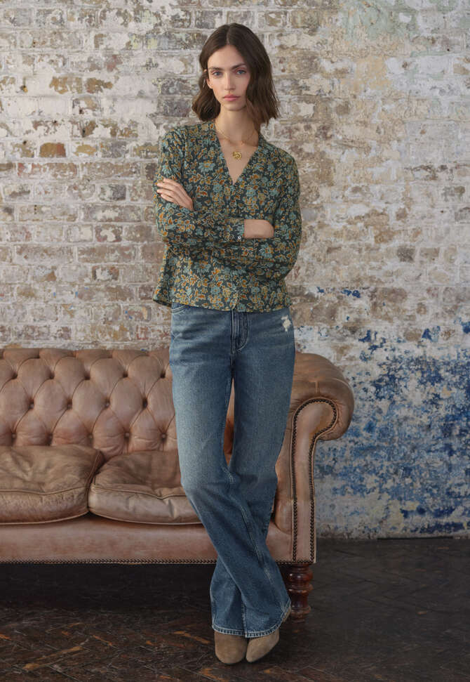 Printed frill blouse, Petrol rust, completeTheLook