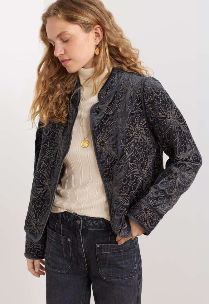Embroidered velvet jacket, Charcoal, completeTheLook