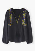 Embroidered tie-neck top, Deep indigo, webstill