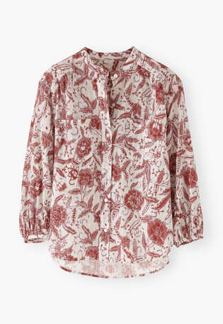 Collarless printed blouse, Ecru maroon, webstill