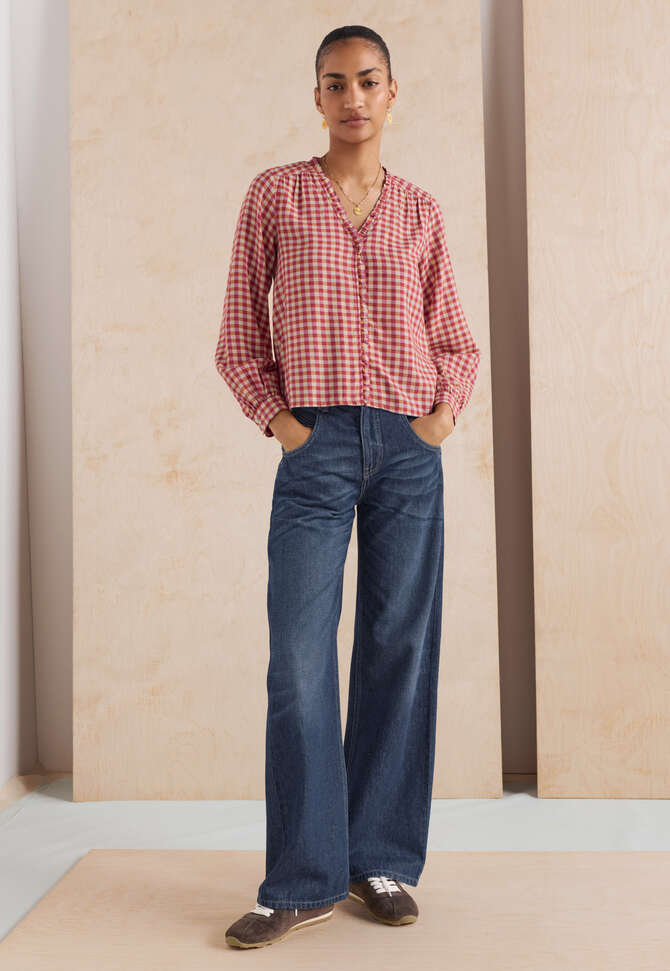 Frill gingham blouse, Berry orange, completeTheLook
