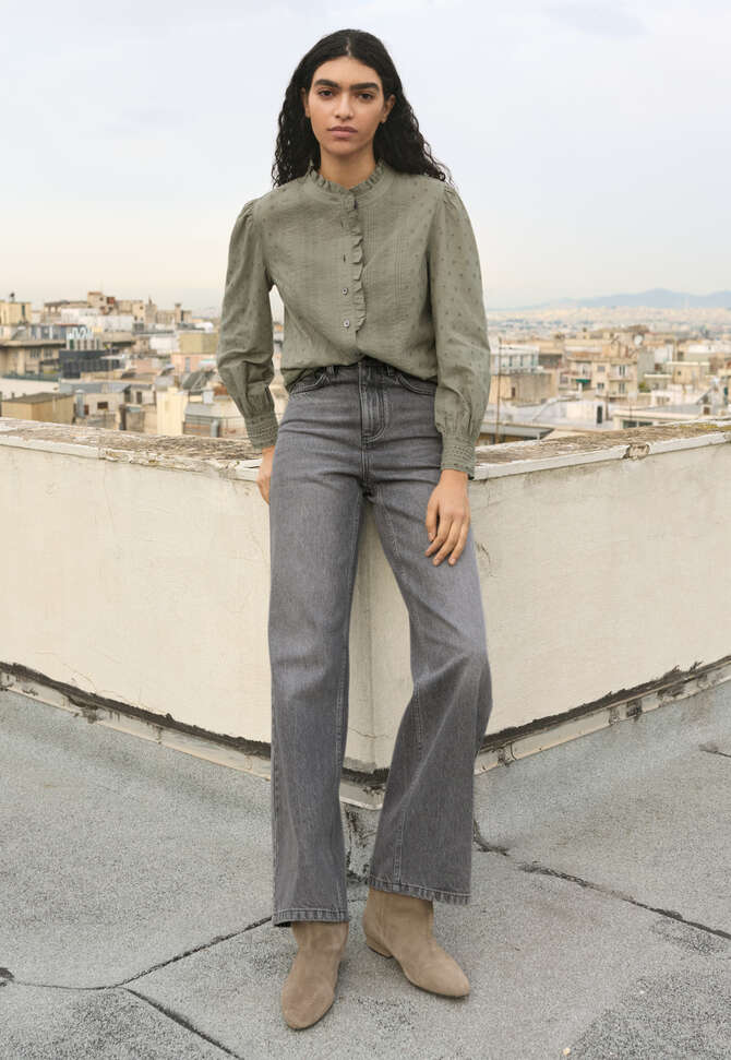 Ruffle-neck broderie blouse, Soft khaki green, completeTheLook