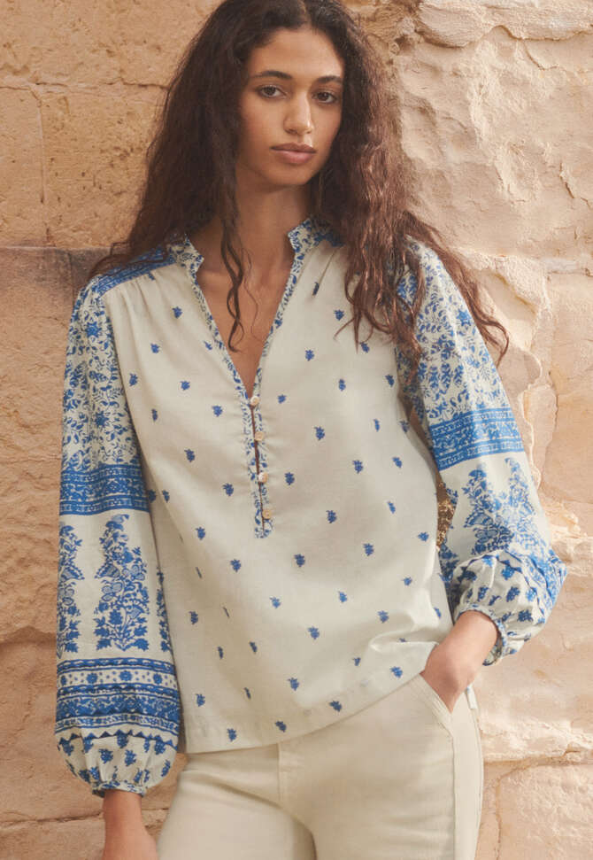 Printed blouse, Blue ecru, completeTheLook