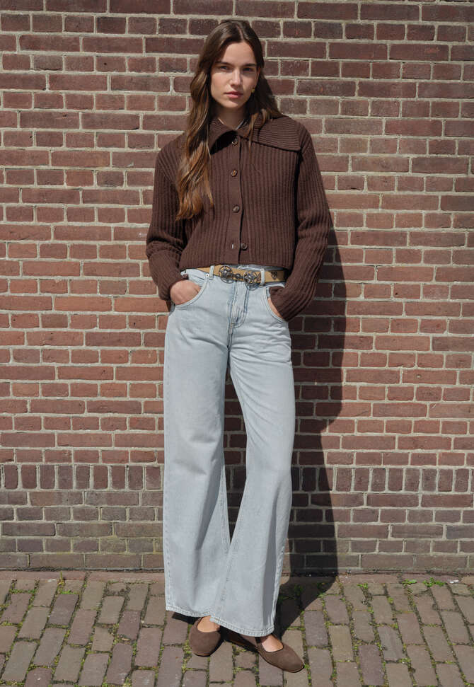 Rib-stitch collared cardigan, Dark chocolate, completeTheLook