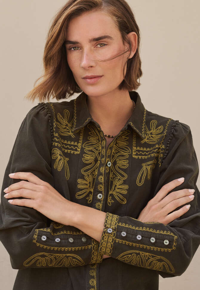 Embroidered cord shift-dress, Charcoal, completeTheLook
