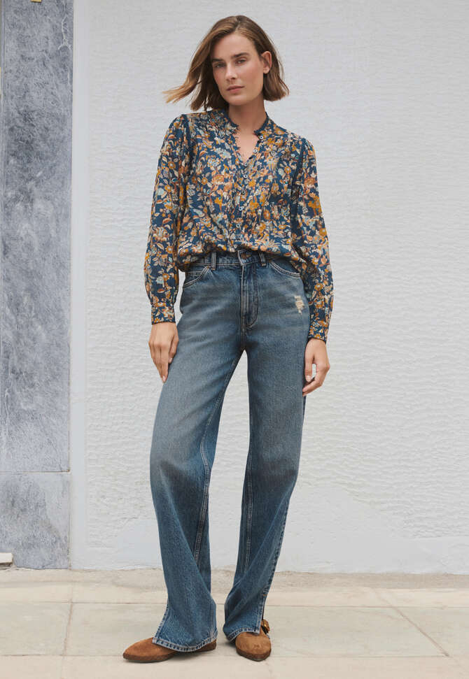 Printed pleat-detail blouse, Indigo ochre, completeTheLook