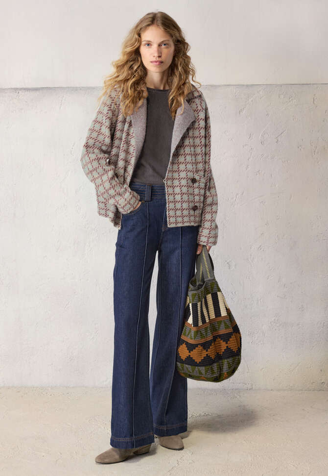 Knitted checked jacket, Fawn burgundy, completeTheLook