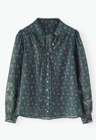 Printed pleat-detail blouse, Petrol lavender, webstill