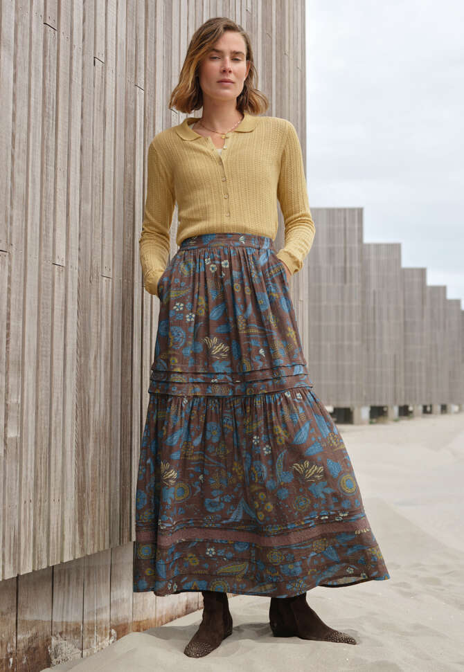 Tiered printed skirt, Chocolate cobalt, completeTheLook