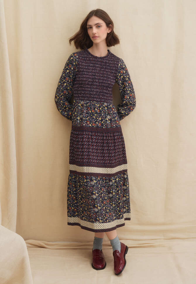 Shirring printed dress, Indigo copper, completeTheLook