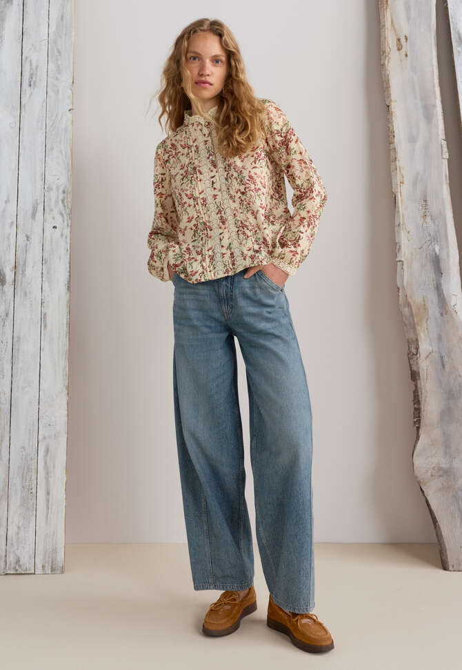 Printed lace detail blouse, Ecru burgundy, completeTheLook