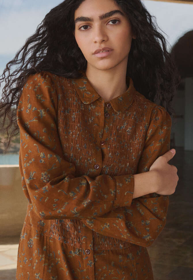 Printed shirred dress, Rust, completeTheLook