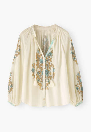 Printed notch-neck blouse, Ecru gold, webstill