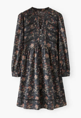 Lace-insert printed dress, Charcoal, webstill