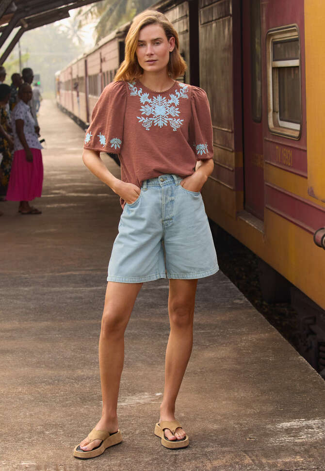 Frill-sleeve jersey top, Berry brown, completeTheLook