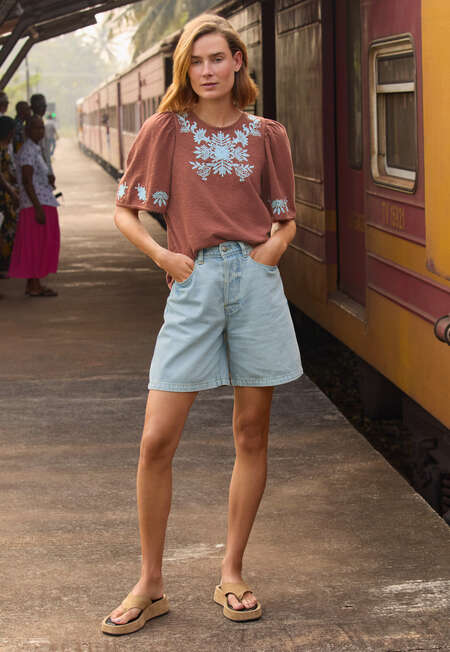 Frill-sleeve jersey top, Berry brown, completeTheLook