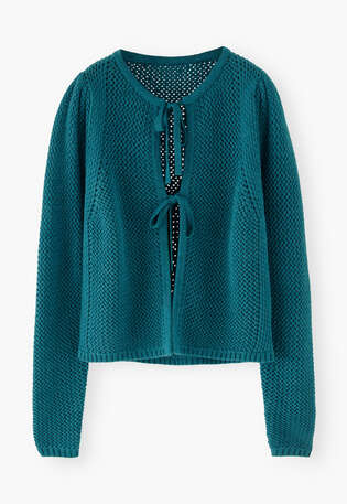 Tie-front cardigan, Ocean teal, webstill