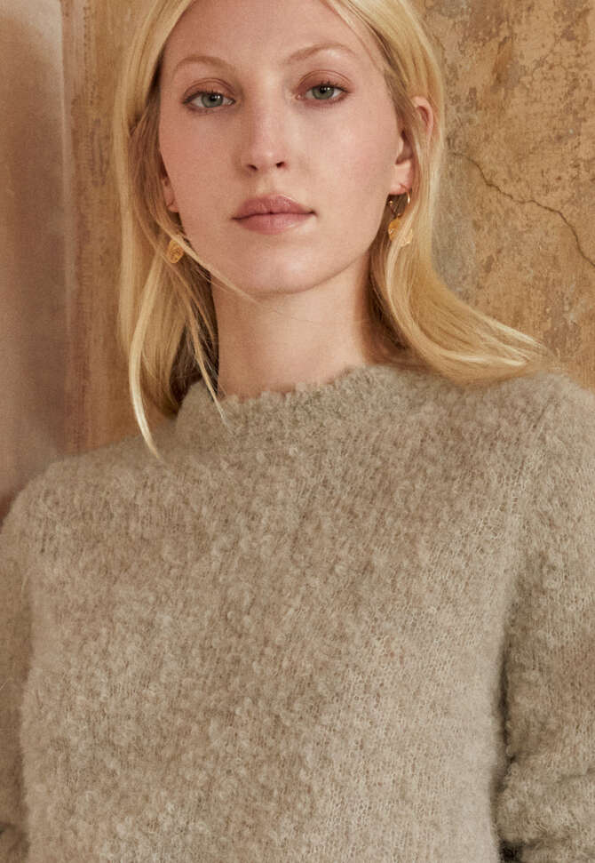 Boucl&eacute; round-neck sweater, Light fawn, completeTheLook