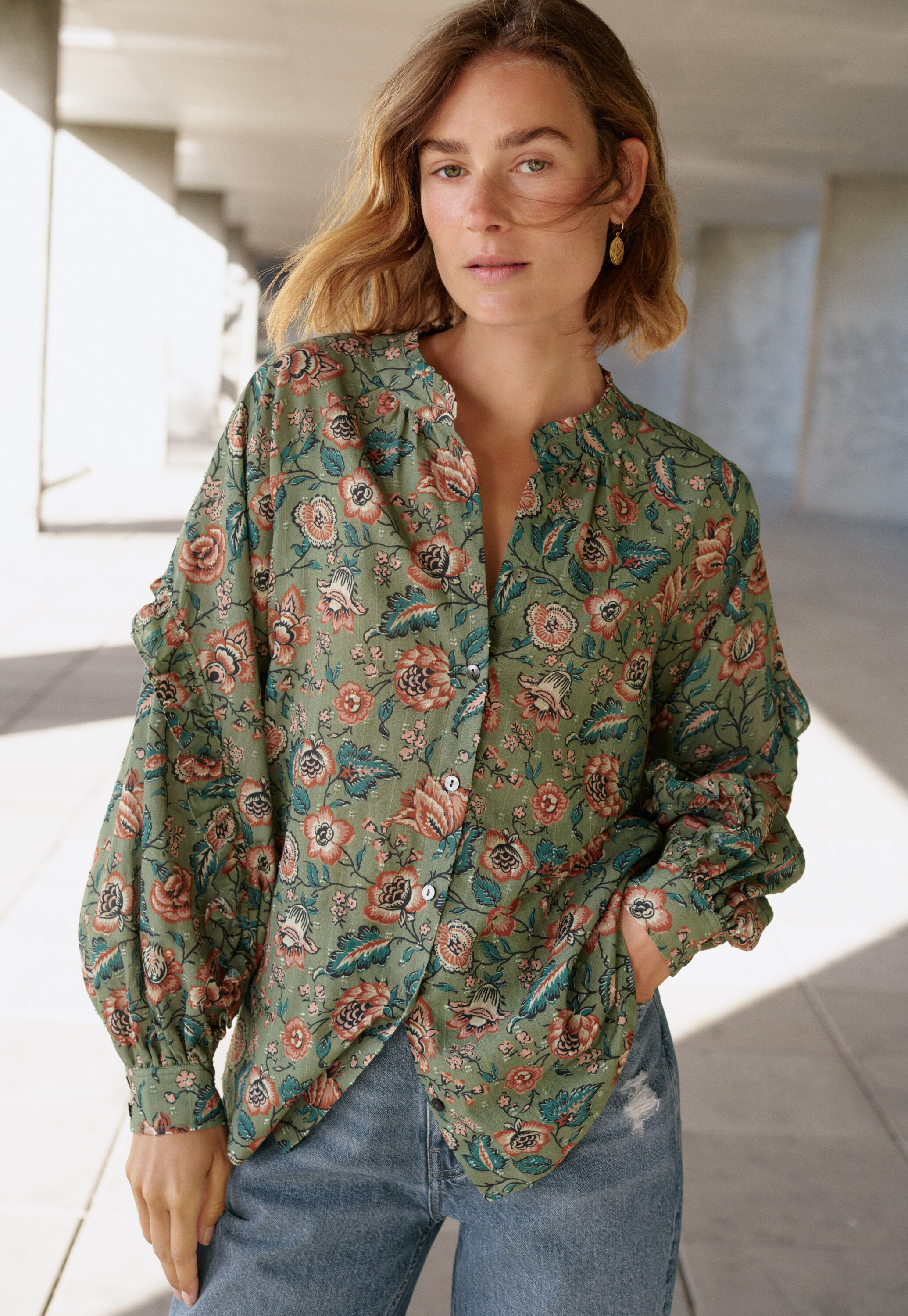 Printed Swiss-dot blouse, Olive scarlet, large