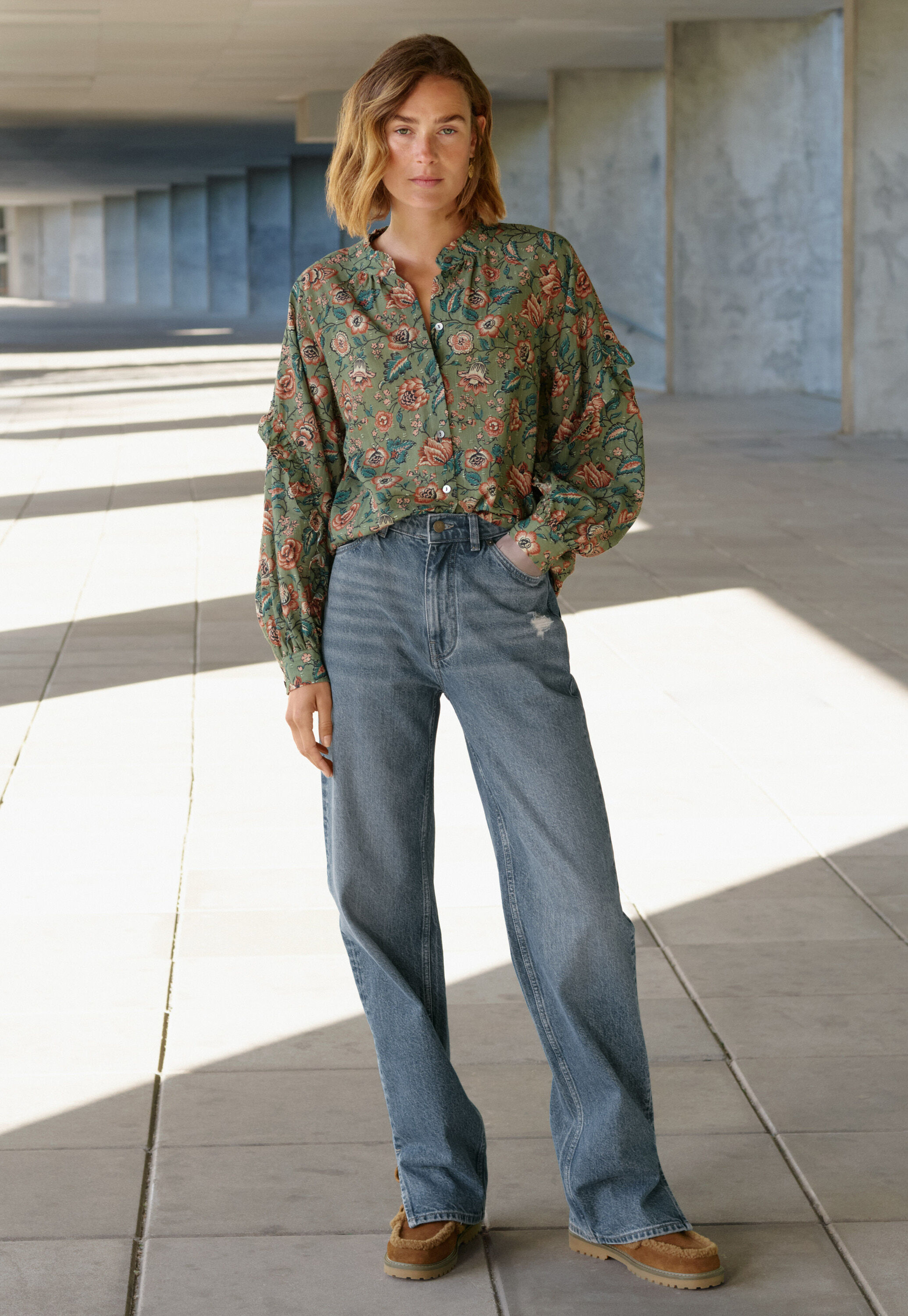 Printed Swiss-dot blouse, Olive scarlet, large