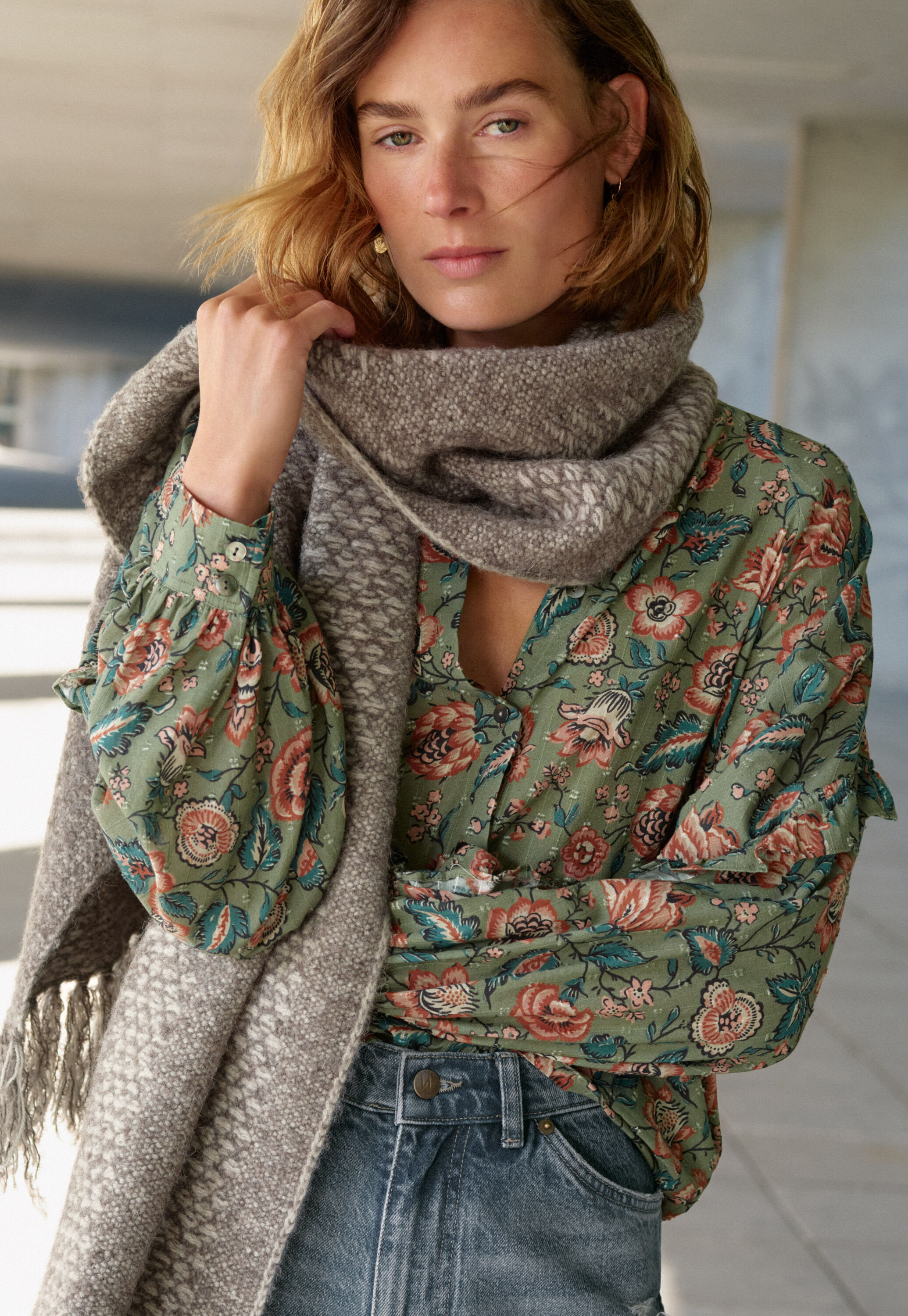 Printed Swiss-dot blouse, Olive scarlet, large